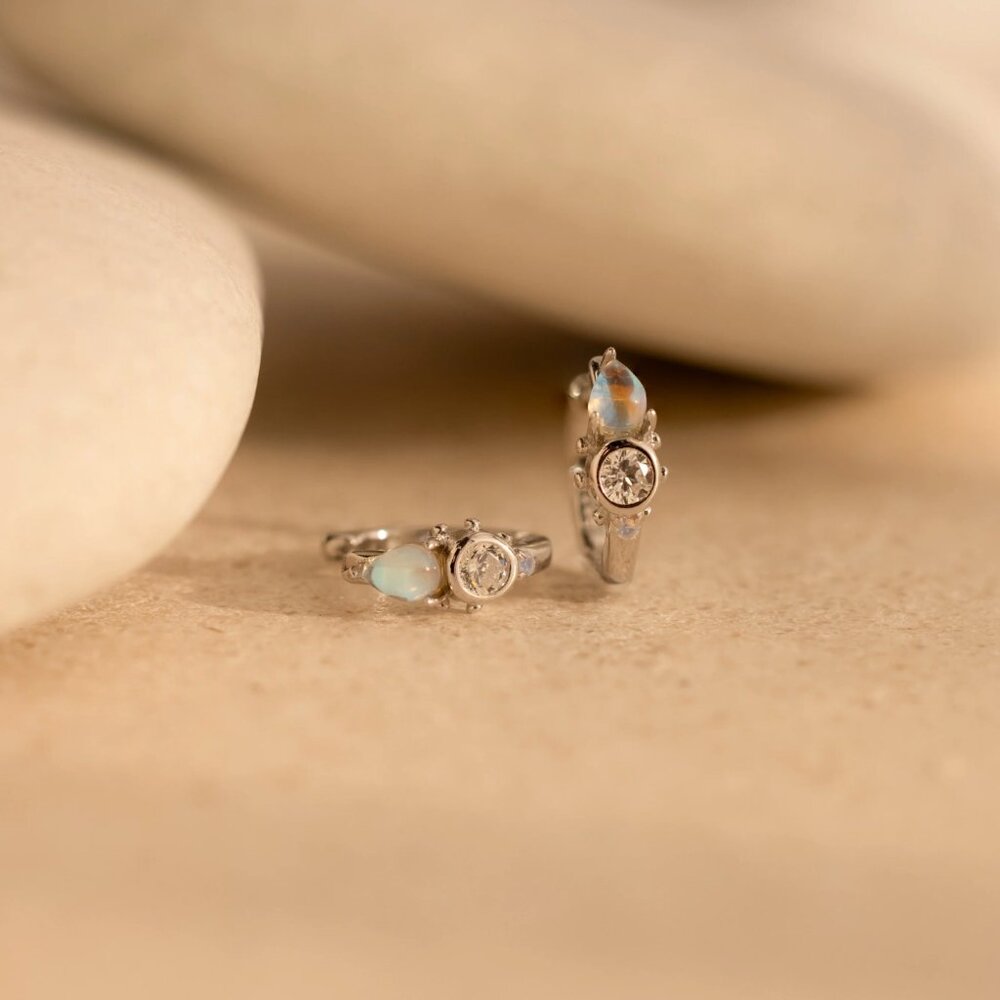 Caitlyn Minimalist Opal and Diamond Huggies, Sterling Silver - Picture 2 of 5